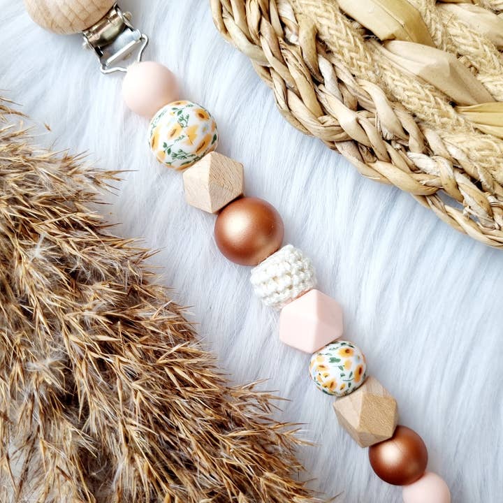 Cordon de tétine - Fleur, bronze métallique, rose clair