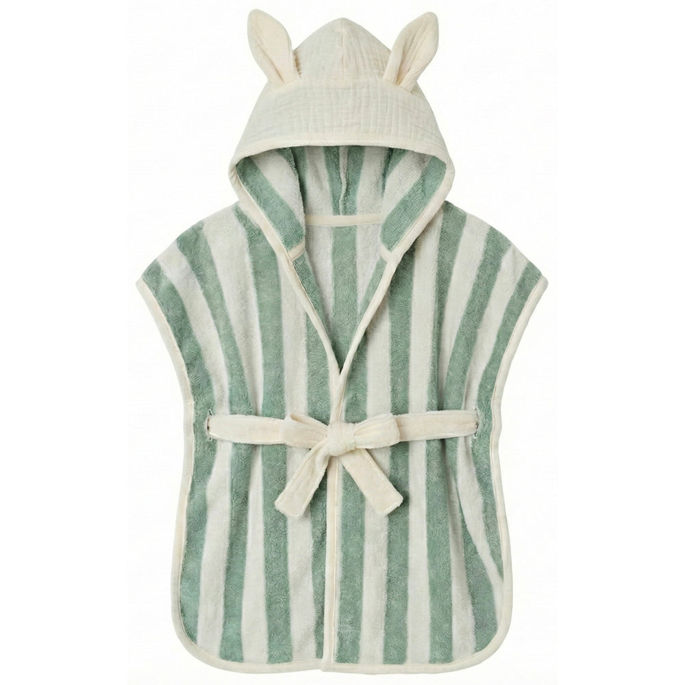 Peignoir bambou et gaze 0-2 ans rayée ivoire/vert de gris