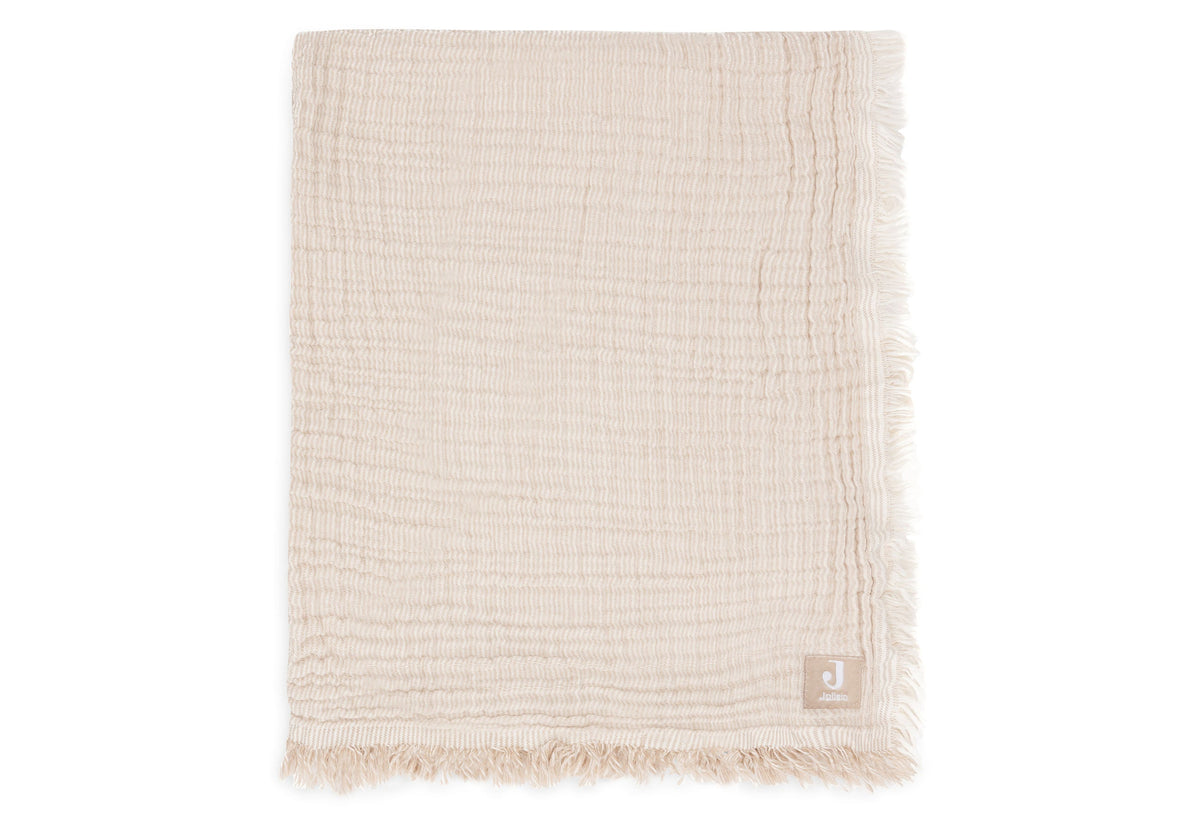 Couverture Berceau Gaze De Coton 75x100cm Fringe Stripe - Biscuit