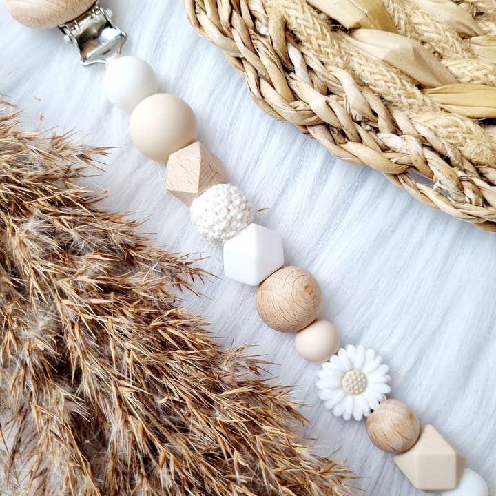 Cordon de tétine - Marguerite blanc, beige