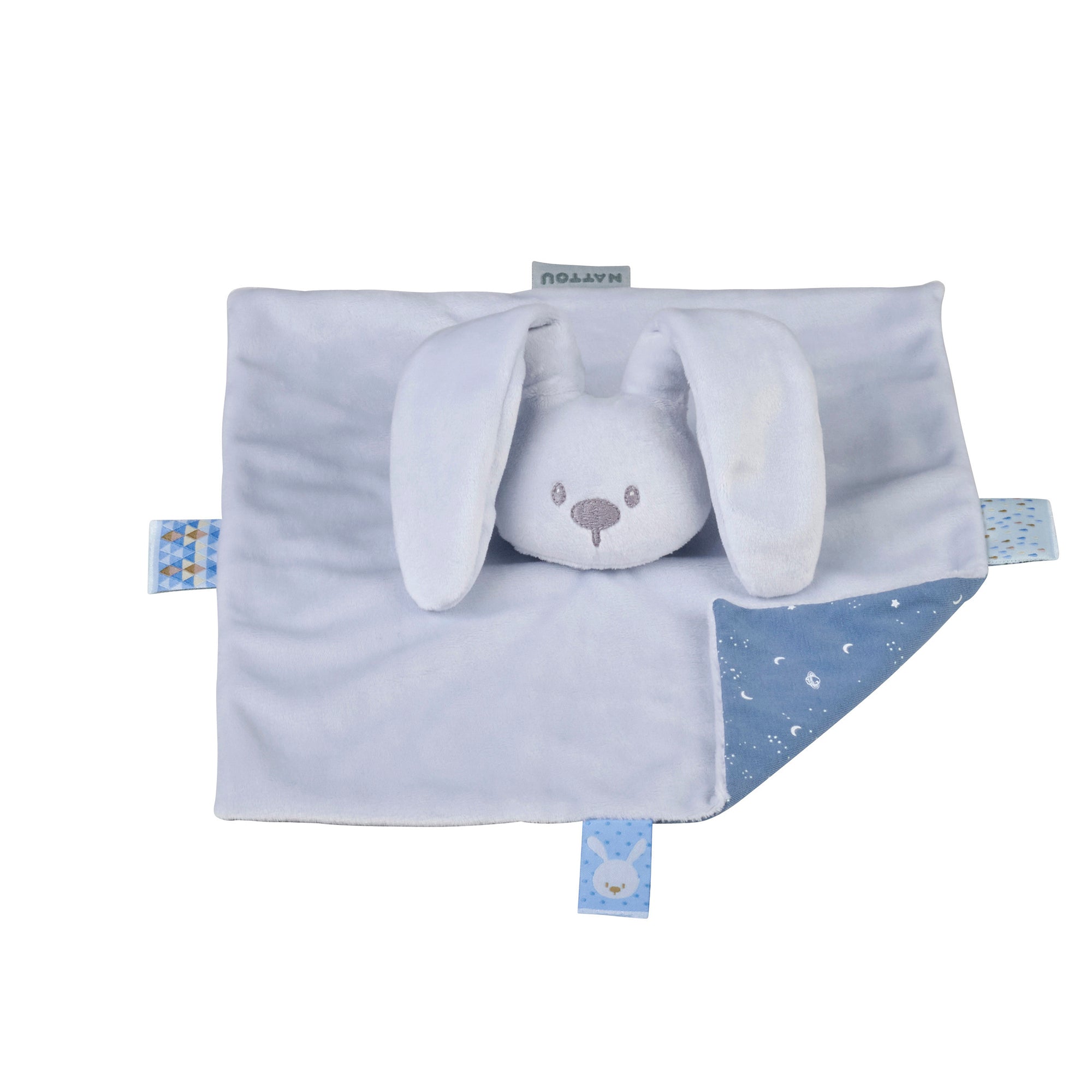 doudou bleu pastel avec motif imprimé