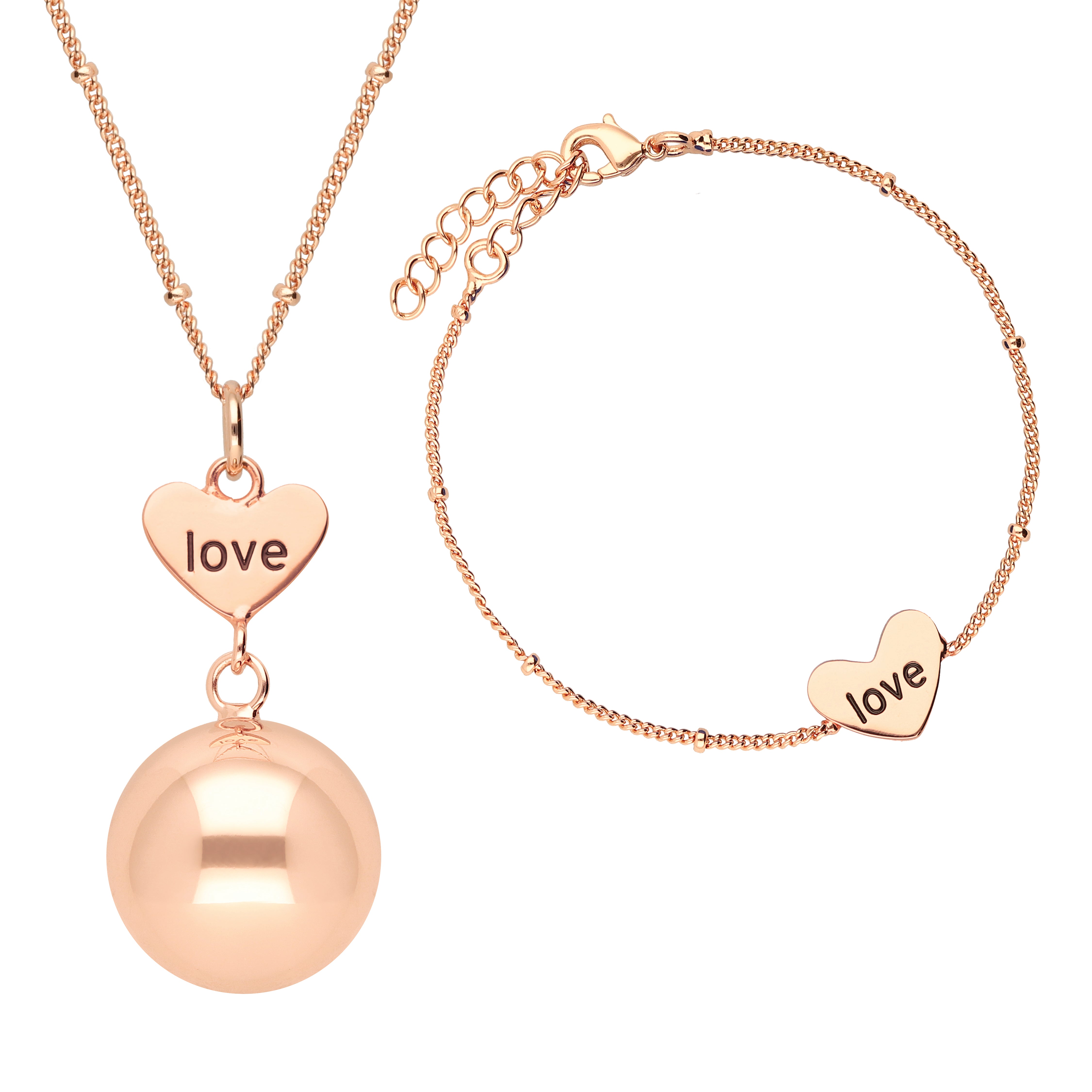 Bola - Set of Bola necklace and bracelet - heart and love engraving in rose gold plating - One size